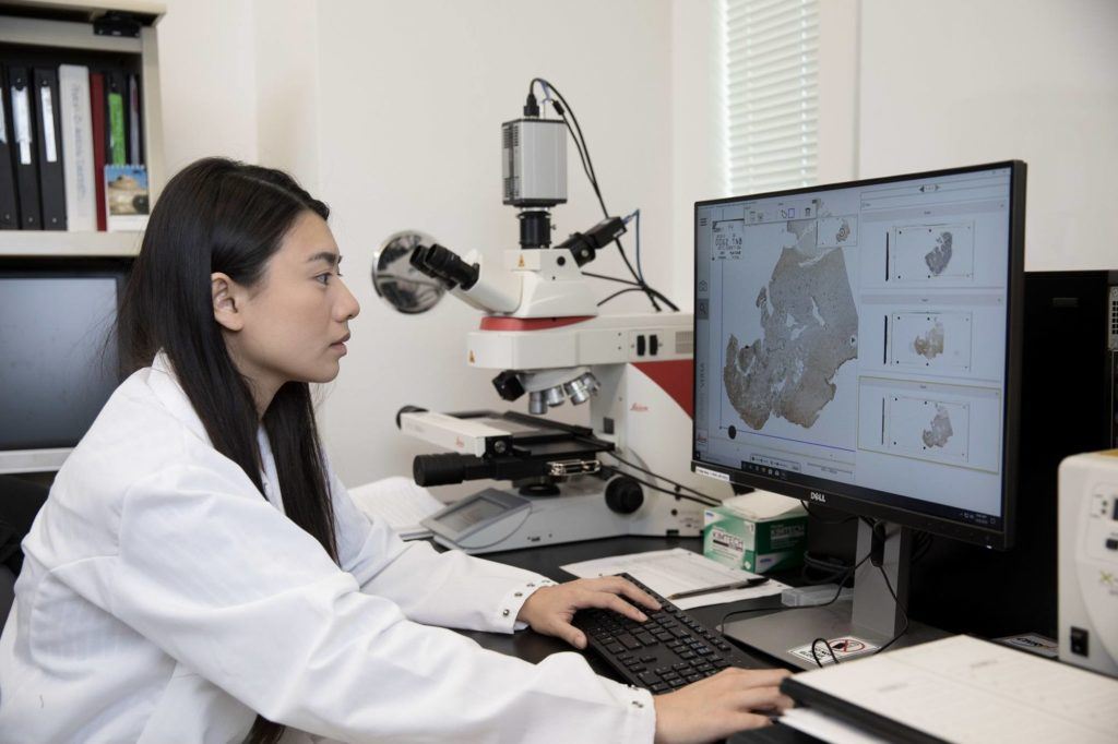 Lab technician studying data on her computer screen