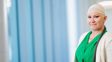 Headshot photos of Jenn Ortiz with her hand bandaged.