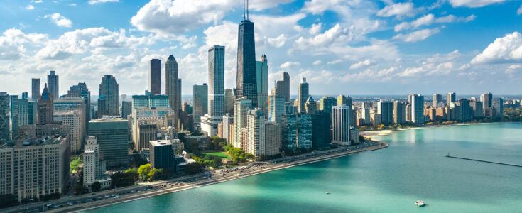 Chicago skyline aerial drone view from above, lake Michigan and city of Chicago downtown skyscrapers cityscape, Illinois, USA